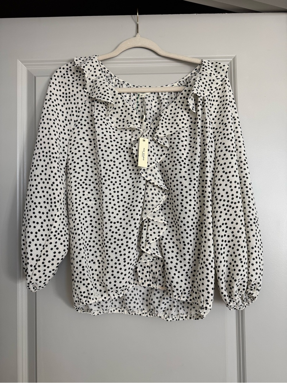 Max Studio White Blouse with Black Polka Dots and Ruffle Front